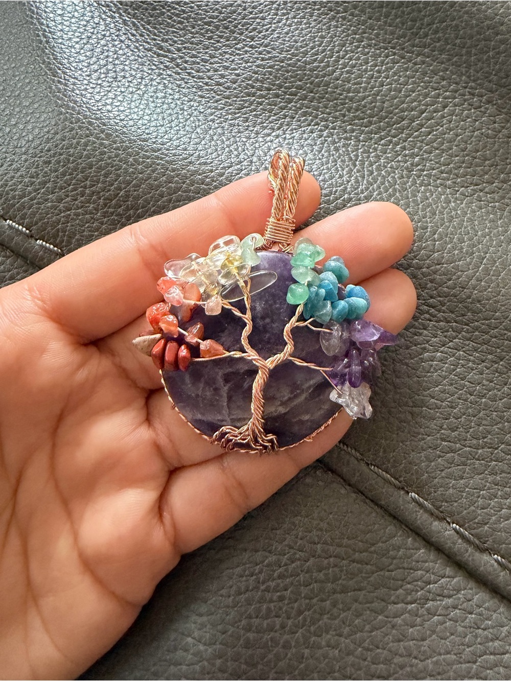 Handmade Tree of Life Amethyst Pendant with Multicolor Gem Chips
